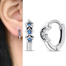 KUNSIR 925 Sterling Silver Tiny Crescent Moon & Star Huggie Hoop Earrings Women