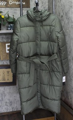 Sebby Collection Womens Long Belted Puffer Coat with Hood Jacket Olive Green S
