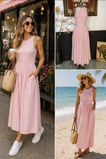 NWT Universal Thread Pink Smocked Knit Maxi A-Line Dress Pockets - Sz M