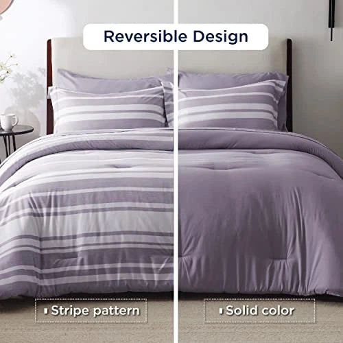  Conjunto de edredom queen size 7 peças, conjunto de cama listrado roxo para cama queen size  - Imagem 2 de 4