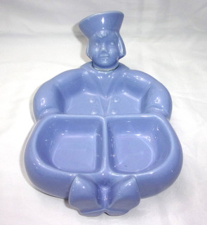 Vintage Blue Child's Pottery Dish Dutch Boy hot or cold divided heavy!