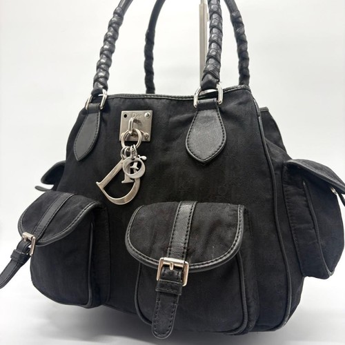 CHRISTIAN DIOR Trotter Canvas Leather Tote Handbag Black D Charm Used From Japan