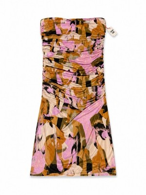 Open Edit Print Mesh Midi Tube Dress XL Tan Multi Abstract NWT