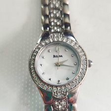 Bulova Women's Quartz Analog Watch White Dial Silver Bracelet Gem Bezel