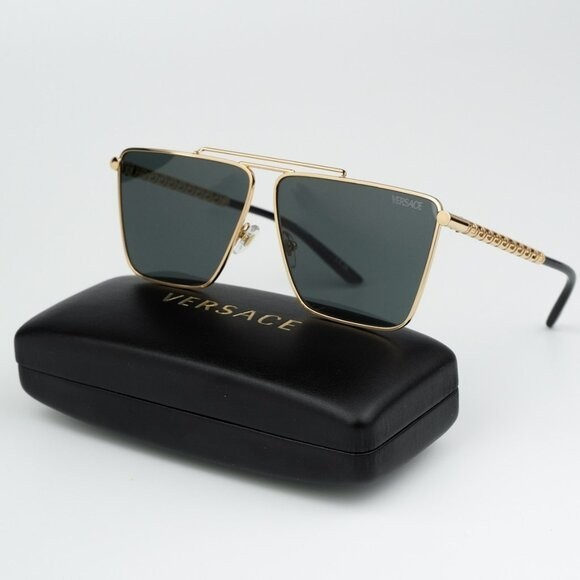 Versace VE2266 64mm Oversize Pillow Sunglasses Gold Frame Dark Grey Lenses New