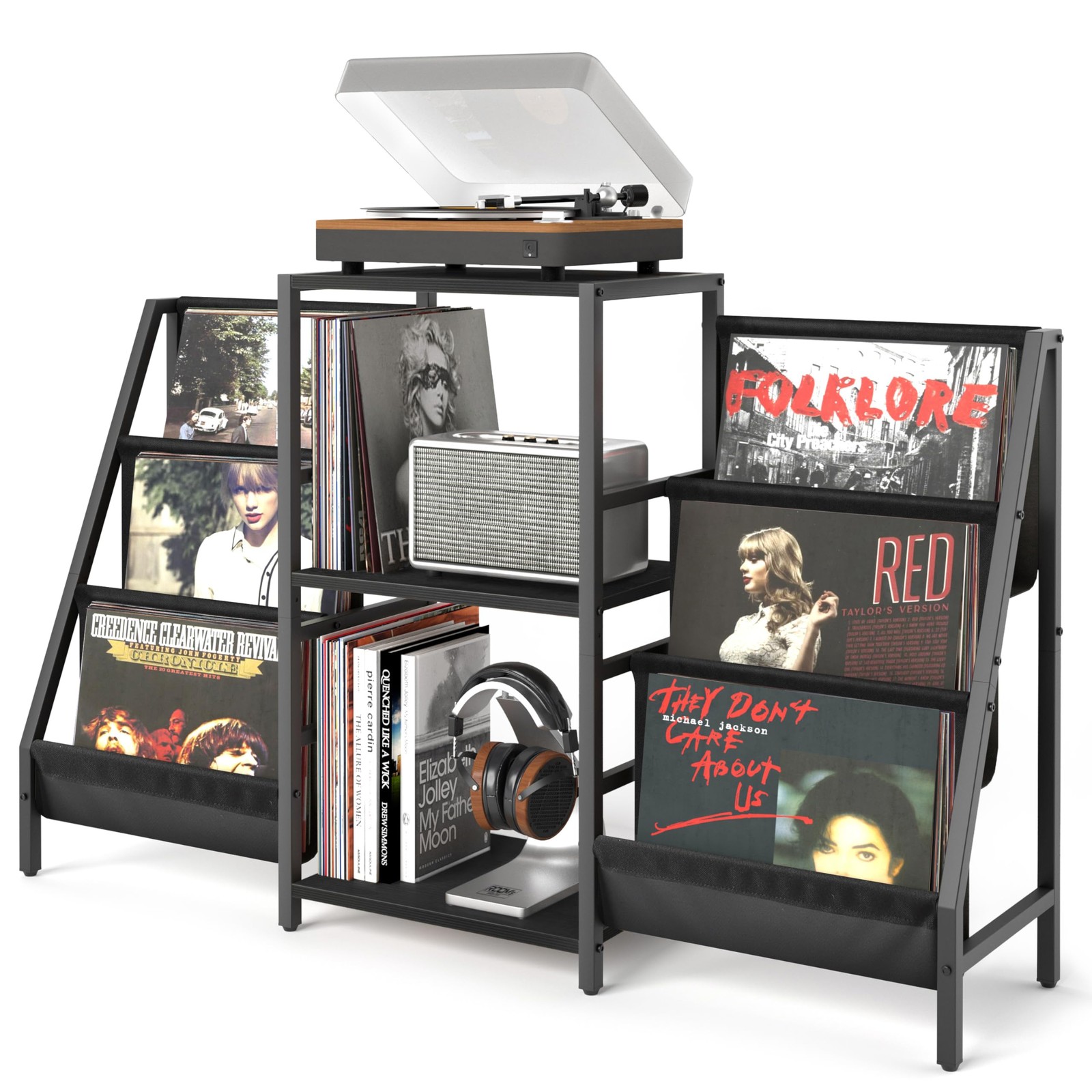 Compact Record Player Stand with Built-in Vinyl Storage & Display-image