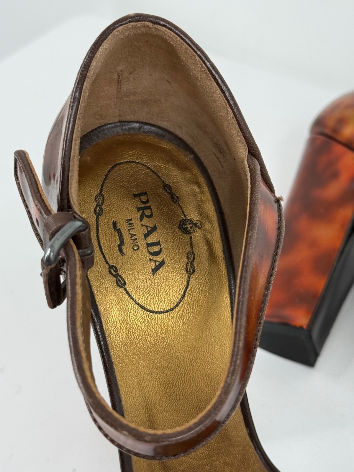Prada Brown Tortoise Shell Leather Block Heel San… - image 15