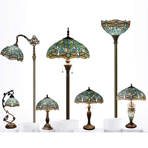 Tiffany Inspired Sea Blue Stained Glass Dragonfly Table Lamp 12x12x18 Inches - Picture 7 of 8