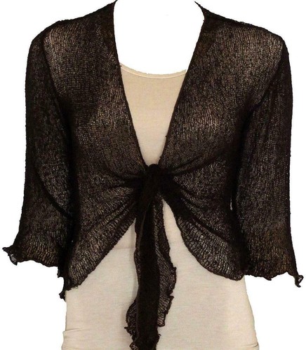 Ladies 3/4 Sleeve Open Front Tie Up Knitted Crop Bolero Shrug Short Cardigan Top - Picture 50 of 58