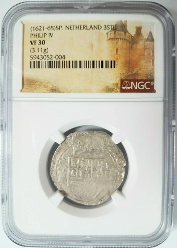 King Philip IV Spanish Netherlands 1621-1665 NGC VF30 Silver 3 Stuivers COB