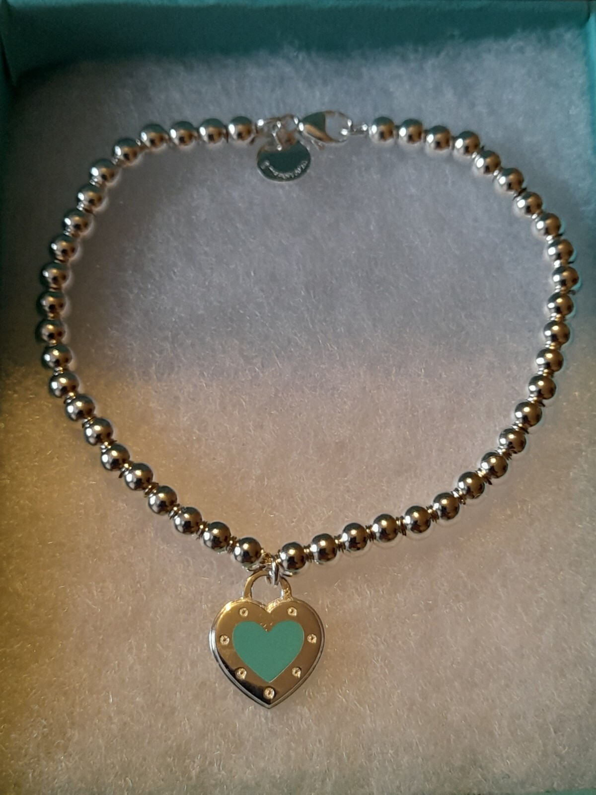 Tiffany&Co. 925 ReturnToTiffany Love HeartTag 4mm BeadBracelet Blue Stud. 17cm/M
