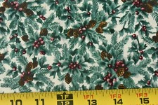 By 1/2 Yd, Red Green Holly, Brown :Pinecones on Cream Quilt Cotton/, RJR,P6553