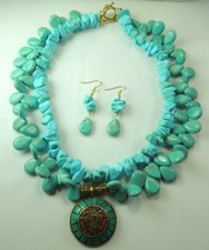 Statement 2 Strand Howlite Necklace Turquoise  Coral  Earrings Set Handmade
