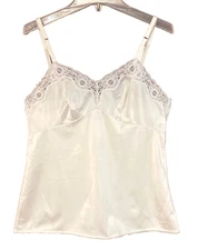 IVORY CAMISOLE WITH LACE TRIM, ADJUSTABLE STRAPS, MEDIUM, UNREADABLE TAG