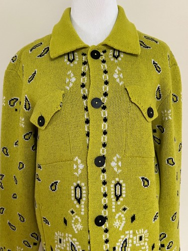 NWT Alanui Bandana Lime Green Wool Denim Jacket Knit Cardigan Sweater Sz M $2470 - Picture 8 of 22