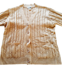 Vintage 70s Sears Womens Cardigan Tan Cable Knit Pockets Cuffed 44 Large