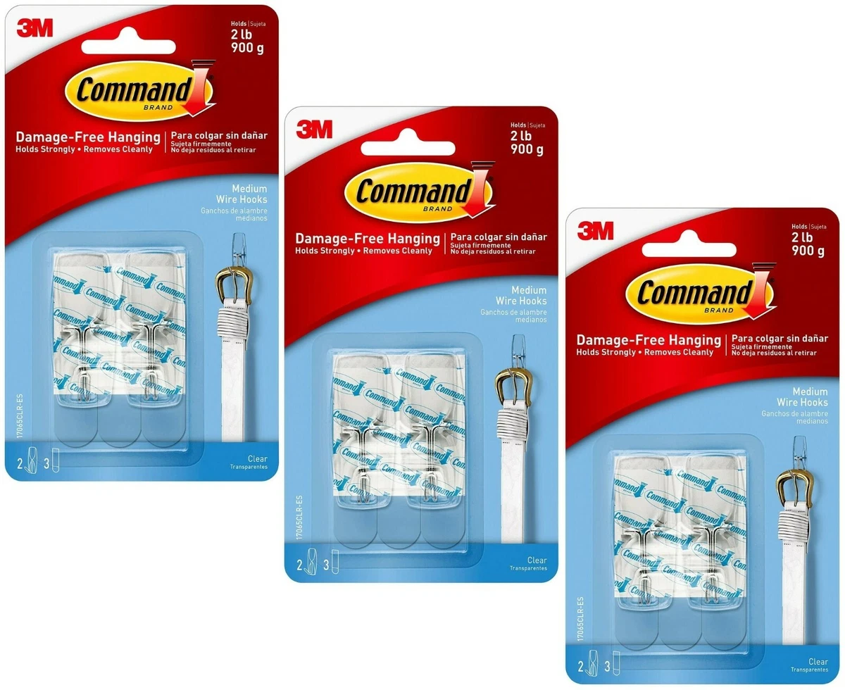 3 Pks 3M Command 2 Medium Clear Wire Hooks & 3 Adhesive Strips Per Pk Max 2  lb