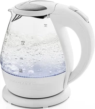 OVENTE 1.5L Glass Electric Kettle with Blue LED Light, 1100W Lighted White 