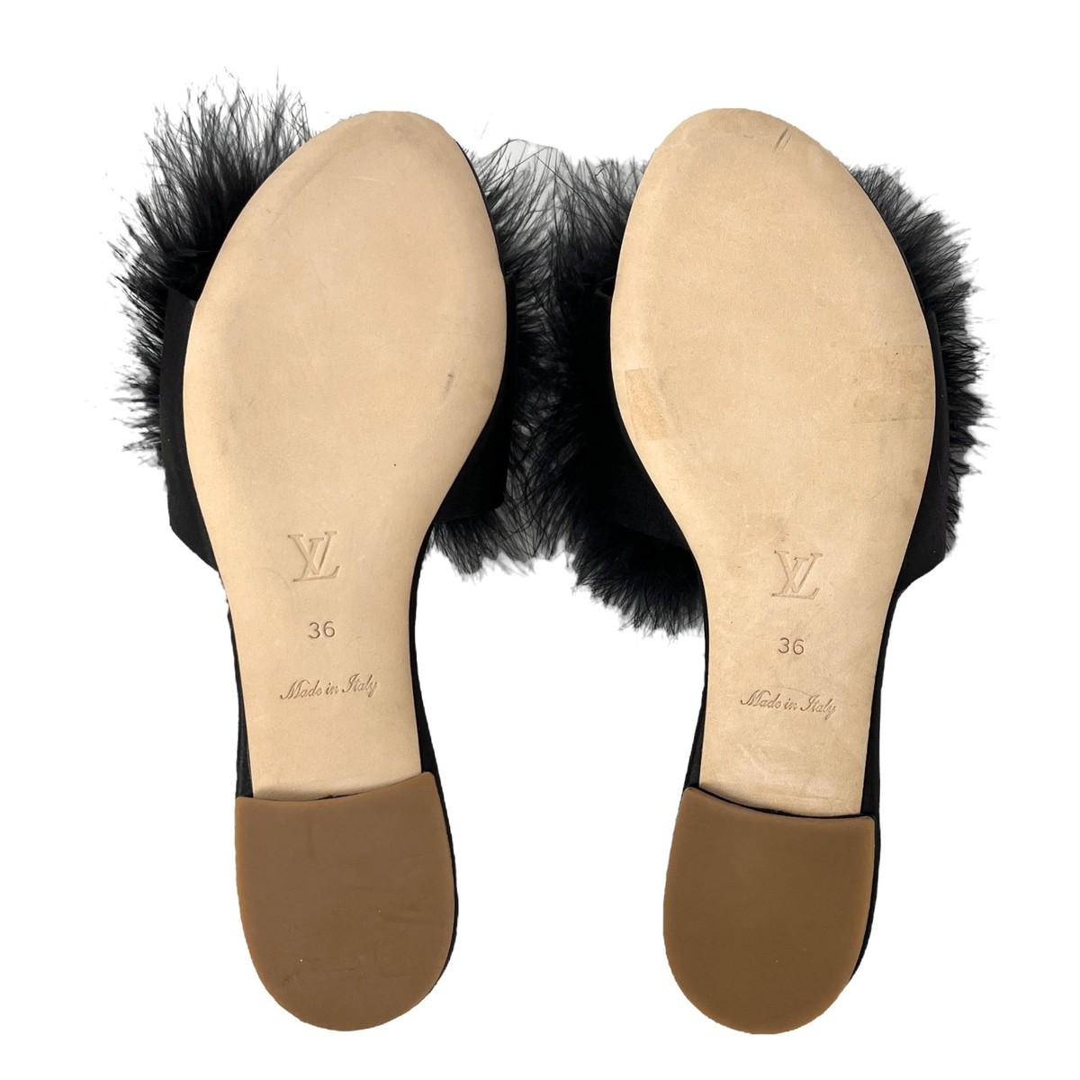 LOUIS VUITTON LV Bijou Logo Fur Flat Sandals #36 Rhinestone Black