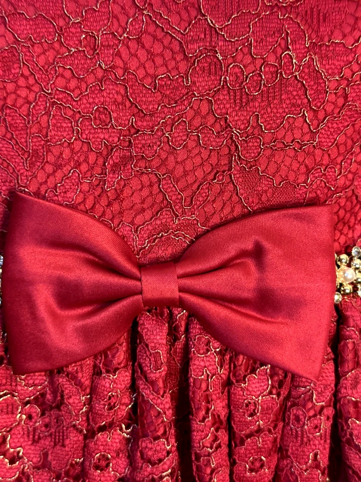 6X 7 女孩美国公主红色蕾丝蝴蝶结水钻圣诞假日连衣裙 — 第 3/4 张图片