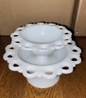 Vintage Anchor Hocking "Old Colony" Lace Edge Milk Glass Compotes, Set of 2