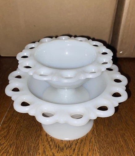 Vintage Anchor Hocking "Old Colony" Lace Edge Milk Glass Compotes, Set of 2