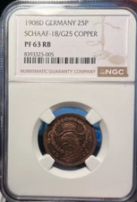 1908-D Germany 25 Pfennig   Scaaf # 18/G25  NGC PROOF-63 RB     Freshly Graded