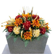 Headstone Saddle with Cream & Rust Mum Dahlia Autumn Flowers