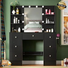 Vanity Set Makeup Dressing Table Desk With 10 Led Lighted Mirrow and 7 Drawers