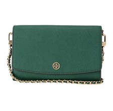 New With Tag Tory Burch Robinson Leather Wallet On A Gold Chain Malachite Green