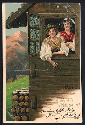 Artist postcard Alfred Mailick: two women in costume looking out the window 1906 