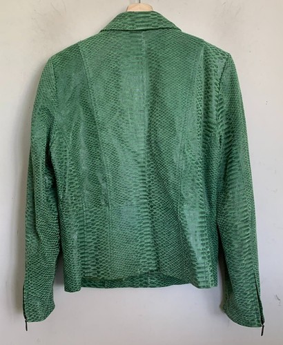 Pamela McCoy Jacket Apple Green Leather Snake Print Collared Pockets Lined Sz M - Picture 2 of 12