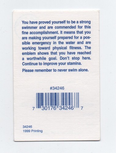 Mile Swim Certificate Card (1999 Print), Yellow/Blue on White Card, Mint - Picture 2 of 2
