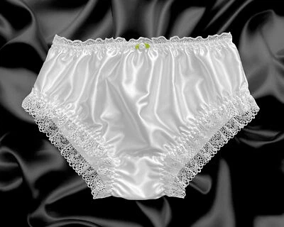 White Satin Frilly Lace Trim Sissy Panties Knicker Underwear Briefs Size 10-20 - Image 1 of 2