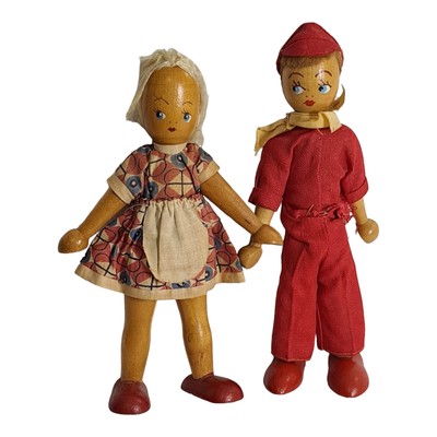 Vintage Handmade Wooden Boy And Girl Peg Dolls From Poland