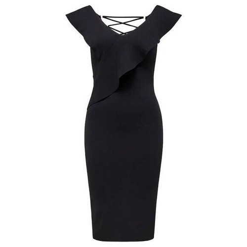 FOREVER NEW Sharna Frill Bardot Black Ruffle Lace Up Winter Knit Midi Dress Sz 8 - Picture 11 of 13