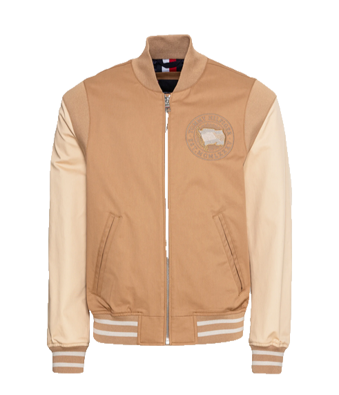 $349 Tommy Hilfiger Men's, Modern Color-Blocked Varsity Jacket, Basket  Brown,XXL