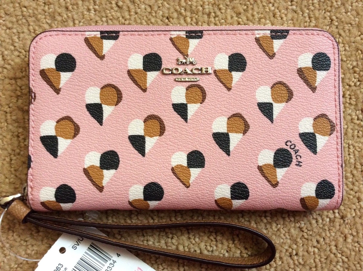 Coach 25963 Checker Heart Print Zip Around Wallet Wristlet Blush