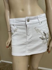 Women  s White Denim Cotton Casual Summer Beaded Embroidered Zipper Size S Skirt