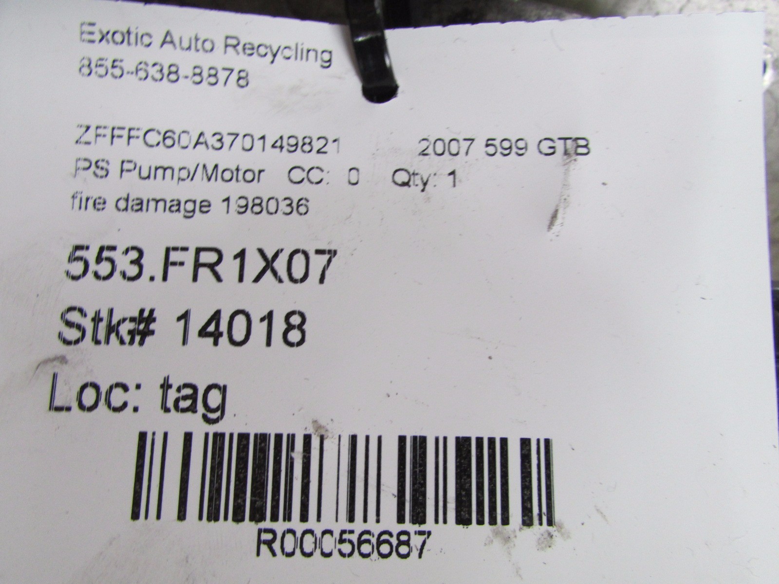 Ferrari 599, Hydraulic Power Steering Control Pump, Used, P/N 198036, Fire Dmg