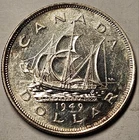 Canada, Dollar, 1949, Almost Uncirculated, Newfoundland, Ship, .6 Ounce Silver