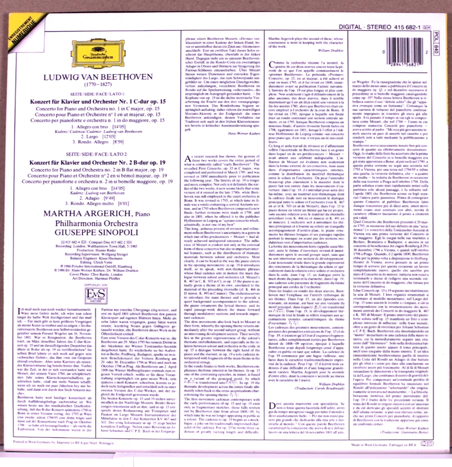 ARGERICH Sinopoli BEETHOVEN Klavierkonzerte Nr. 1&2 DEUTSCHE GRAMMOPHON 415 682 - Bild 2 von 4