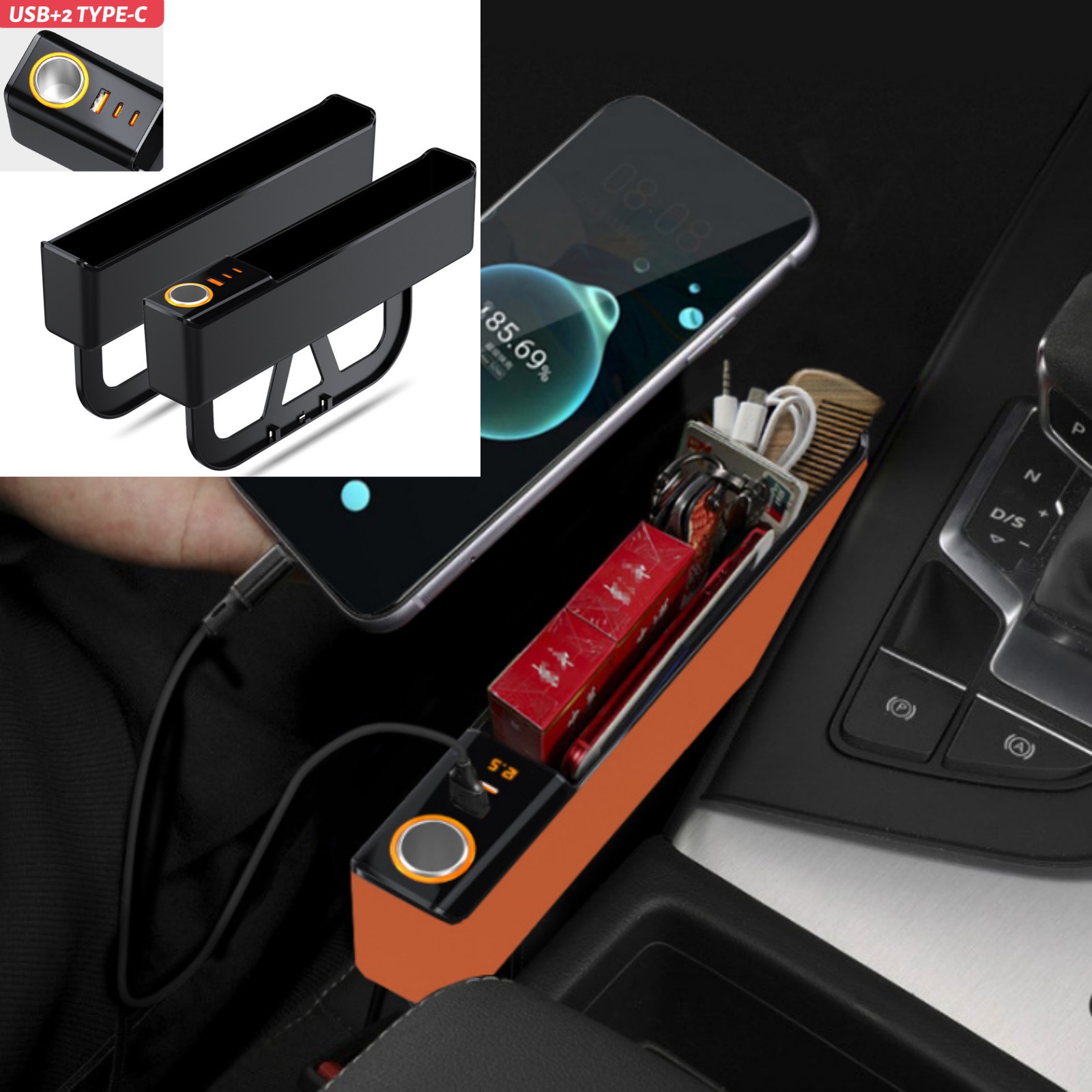 2 TypeC Rechargeable Car Accessories Seat Gap Storage Box Phone Holder Organizer