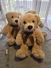 Set of 3 Plush Beige Teddy Bears with Brown Ribbon