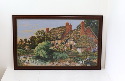 Vintage Wandteppich Bild fertig Nadelspitze Landhaus gerahmt 26  x 16,25 