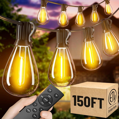 150FT Patio String Lights Outdoor, 55+2 LED Shatterproof Bulbs with Remote & Tim