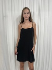 Prada Size 38 Black 100% Silk Slip Mini Dress Cami Straps Lace Trim Designer