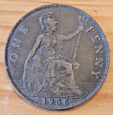 1936 King George V Penny 1d coin - Good F