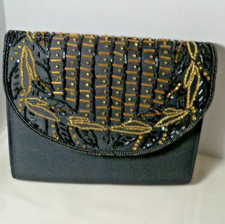 Nice Beaded Accent Evening Bag Gold  Black Beaded Flap Cross Body/Clutch