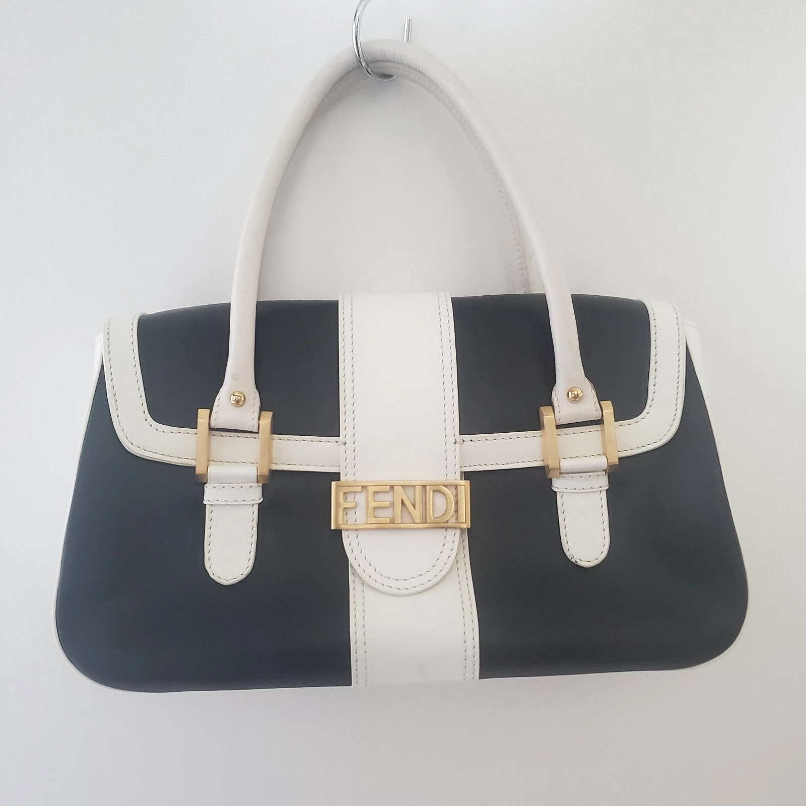Fendi — VTG Fendi Shoulder Bag Vintage 2000s Black White Leather Gold Logo Shadow Flap